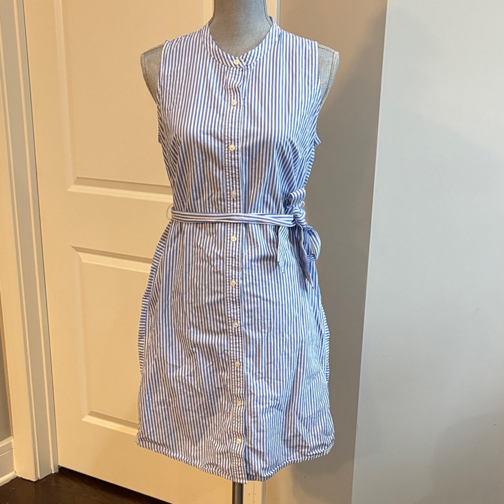 J.Crew Blue & White Striped poplin Shirt Sleeveless Dress Waist Tie size small